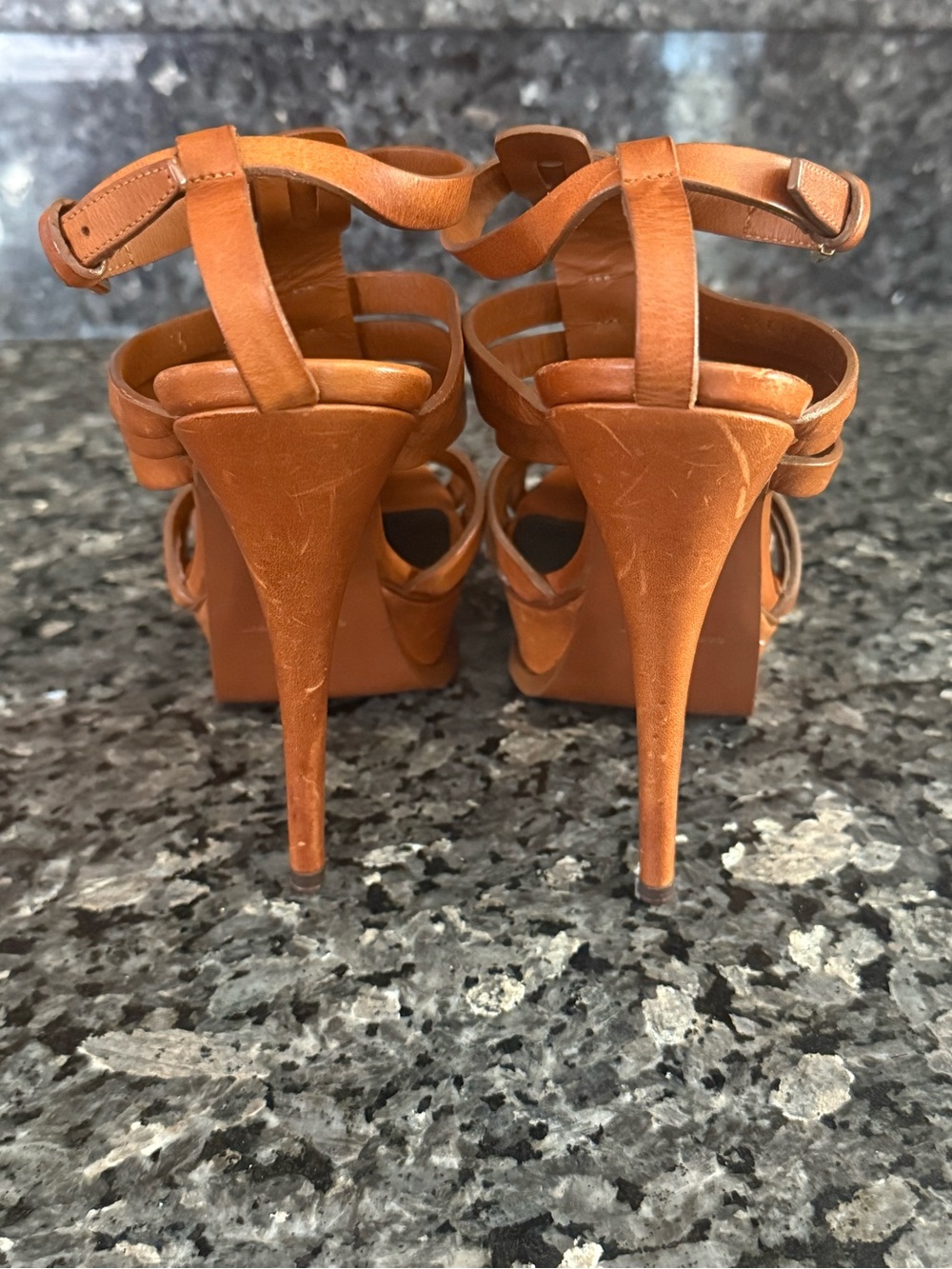Saint Laurent Cognac Leather Strappy Platform Heels - Picture 7 of 7
